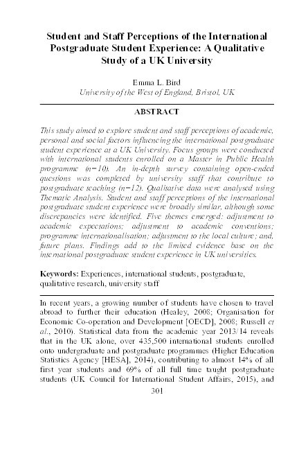 Student and staff perceptions of the international postgraduate student experience: A qualitative study of a UK university Thumbnail