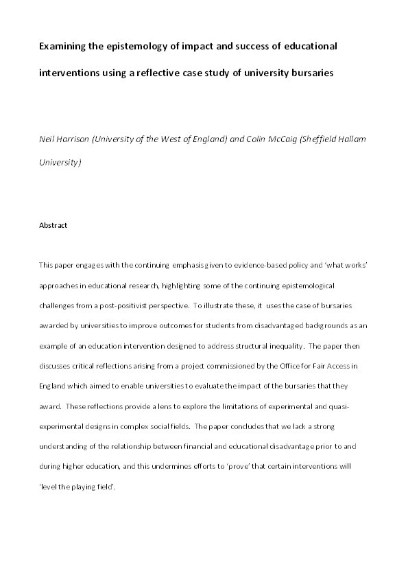 Examining the epistemology of impact and success of educational interventions using a reflective case study of university bursaries Thumbnail