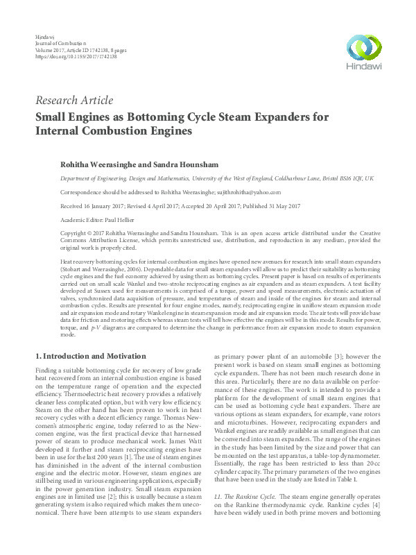 Small engines as bottoming cycle steam expanders for internal combustion engines Thumbnail