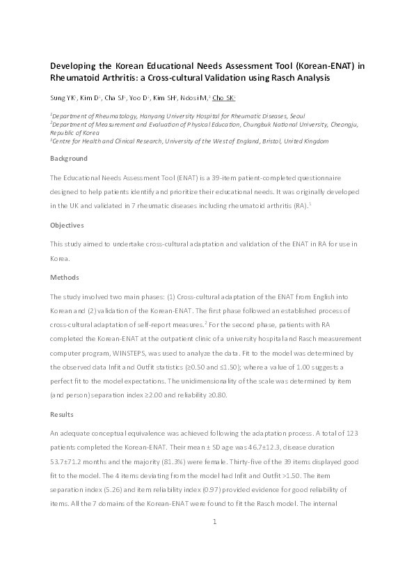 Developing the Korean Leeds Satisfaction Questionnaire (Korean-LSQ) in rheumatoid arthritis: A cross-cultural validation using Rasch analysis Thumbnail