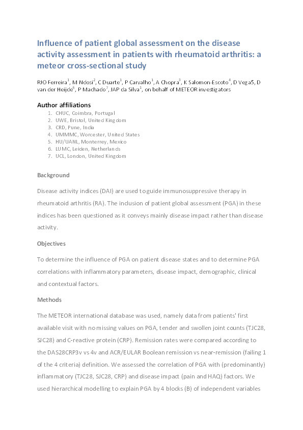 Influence of patient global assessment on the disease activity assessment in patients with rheumatoid arthritis: A meteor cross-sectional study Thumbnail