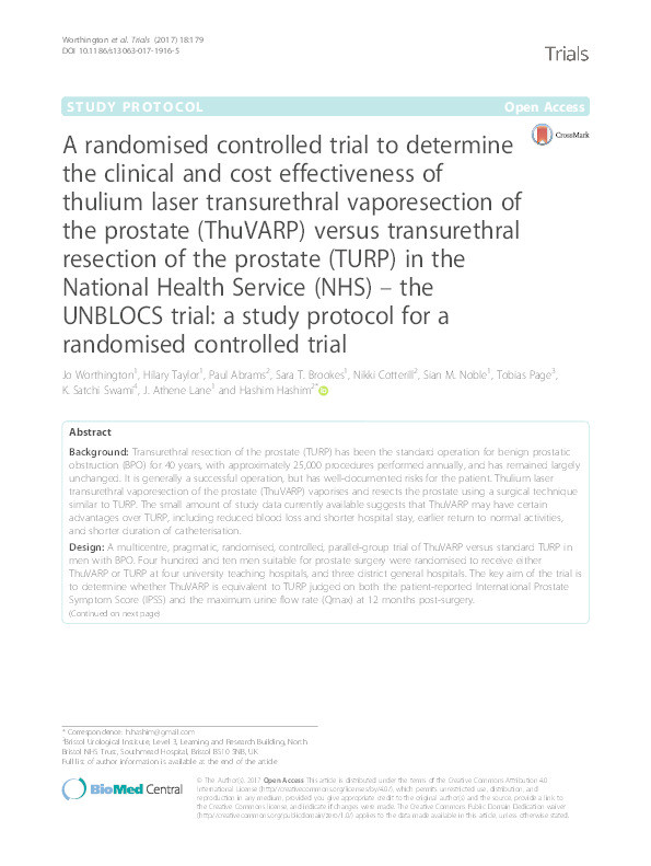 A randomised controlled trial to determine the clinical and cost effectiveness of thulium laser transurethral vaporesection of the prostate (ThuVARP) versus transurethral resection of the prostate (TURP) in the National Health Service (NHS) - the UNBLOCS trial: A study protocol for a randomised controlled trial Thumbnail