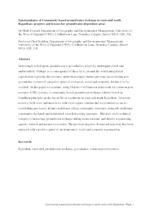 Competing epistemologies of community-based groundwater recharge in semi-arid North Rajasthan: Progress and lessons for groundwater dependent areas Thumbnail
