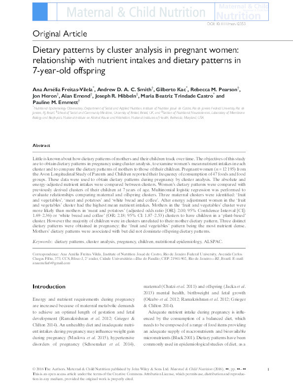 Dietary patterns by cluster analysis in pregnant women: relationship with nutrient intakes and dietary patterns in 7-year-old offspring Thumbnail