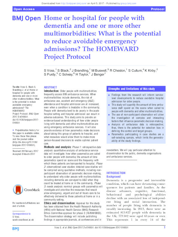 Home or hospital for people with dementia and one or more other multimorbidities: What is the potential to reduce avoidable emergency admissions? the HOMEWARD Project Protocol Thumbnail