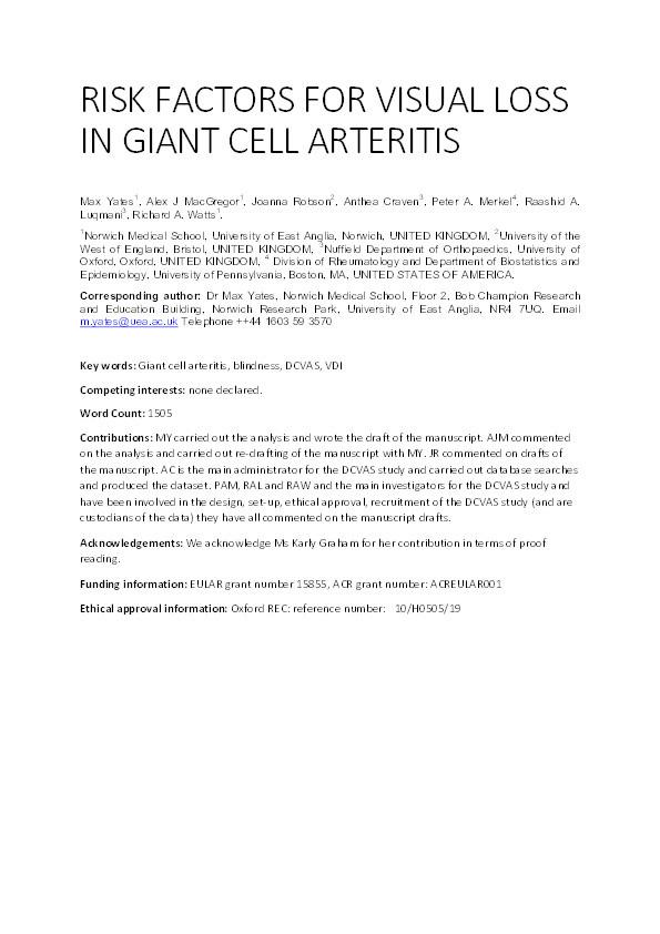 The association of vascular risk factors with visual loss in giant cell arteritis Thumbnail