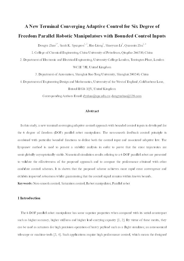 A new terminal converging adaptive control for 6-degree-of-freedom parallel robotic manipulators with bounded control inputs Thumbnail