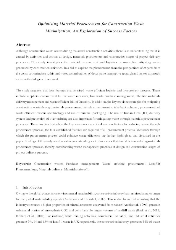 Optimising material procurement for construction waste minimization: An exploration of success factors Thumbnail