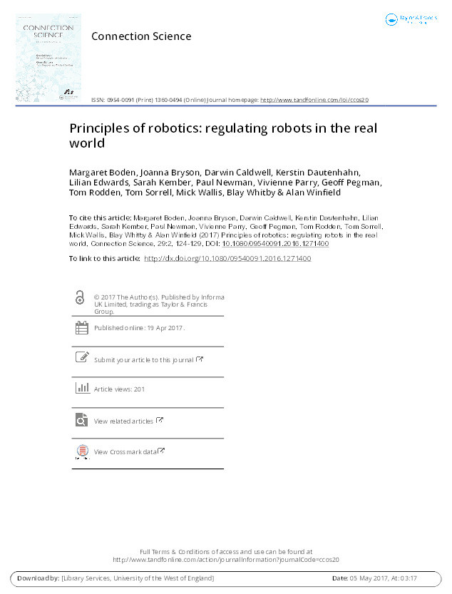 Principles of robotics: regulating robots in the real world Thumbnail