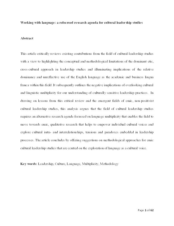 Working with Language: A Refocused Research Agenda for Cultural Leadership Studies Thumbnail