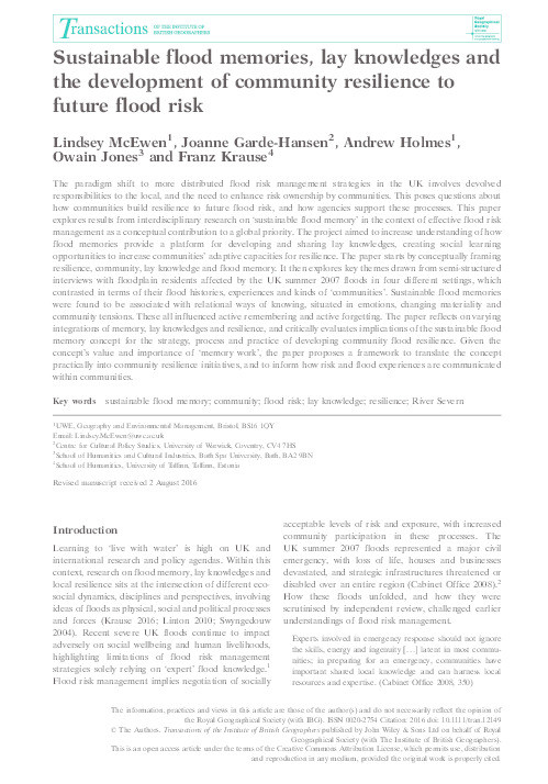 Sustainable flood memories, lay knowledges and the development of community resilience to future flood risk Thumbnail