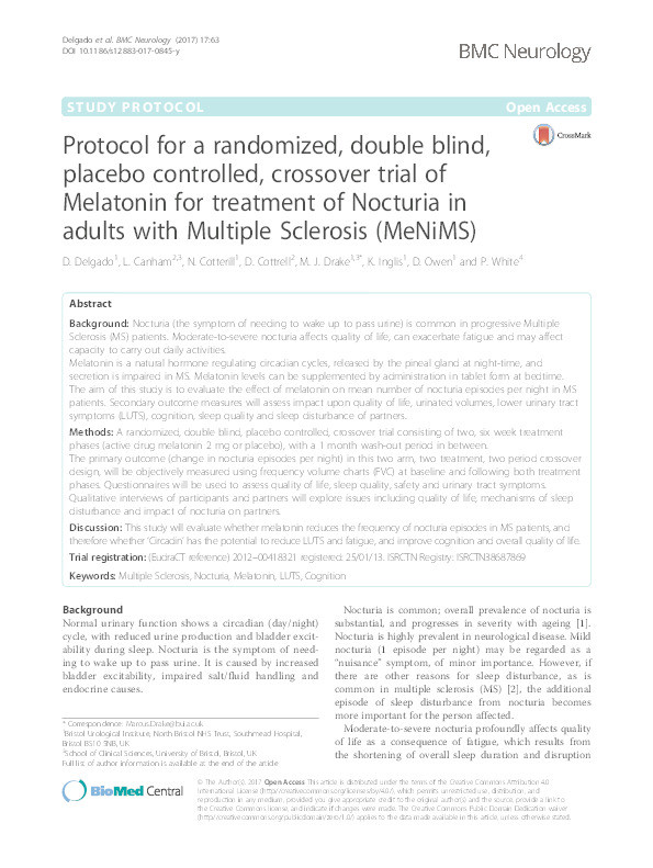 Protocol for a randomized, double blind, placebo controlled, crossover trial of Melatonin for treatment of Nocturia in adults with Multiple Sclerosis (MeNiMS) Thumbnail