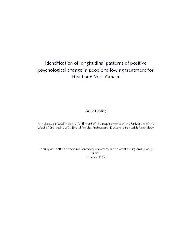 Identification of longitudinal patterns of positive psychological change in people following treatment for head and neck cancer Thumbnail