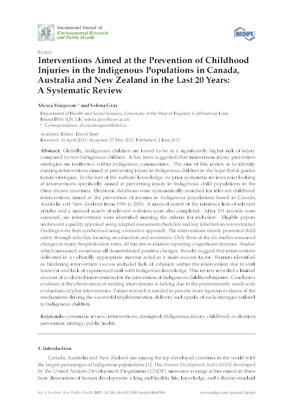 Interventions aimed at the prevention of childhood injuries in the indigenous populations in Canada, Australia and New Zealand in the last 20 years: A systematic review Thumbnail