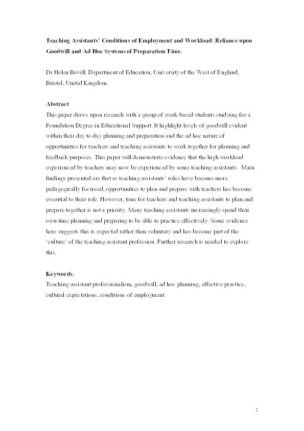 Teaching assistants’ conditions of employment and workload: Reliance upon goodwill and ad hoc systems of preparation time Thumbnail