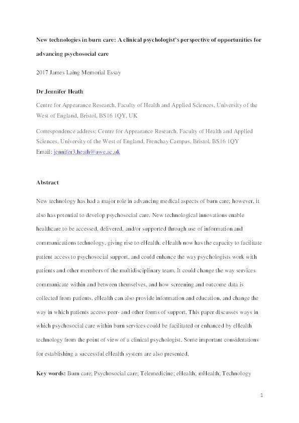 New technologies in burn care: A clinical psychologist’s perspective of opportunities for advancing psychosocial care Thumbnail