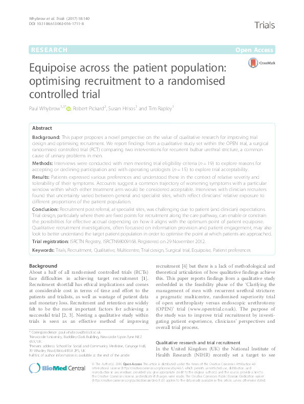 Equipoise across the patient population: Optimising recruitment to a randomised controlled trial Thumbnail