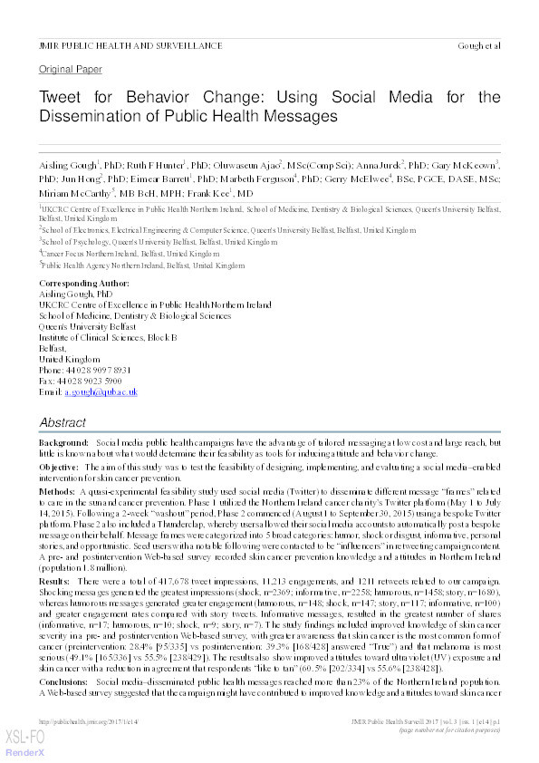 Tweet for behavior change: Using social media for the dissemination of public health messages Thumbnail