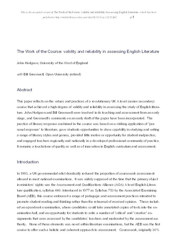 The work of the course: Validity and reliability in assessing English Literature Thumbnail