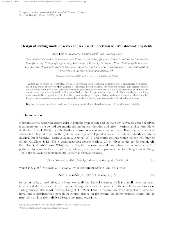 Design of sliding-mode observer for a class of uncertain neutral stochastic systems Thumbnail
