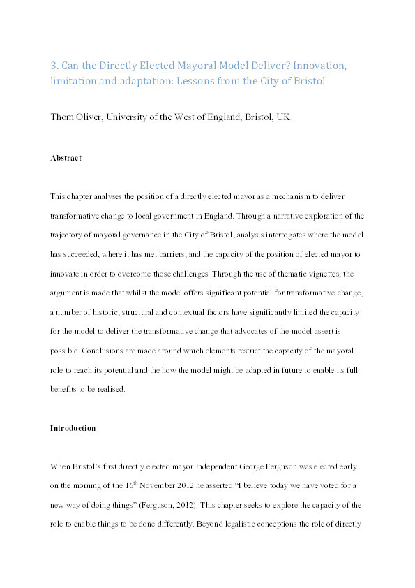 Can the directly elected mayoral model deliver? Innovation, limitation and adaptation: Lessons from the City of Bristol Thumbnail