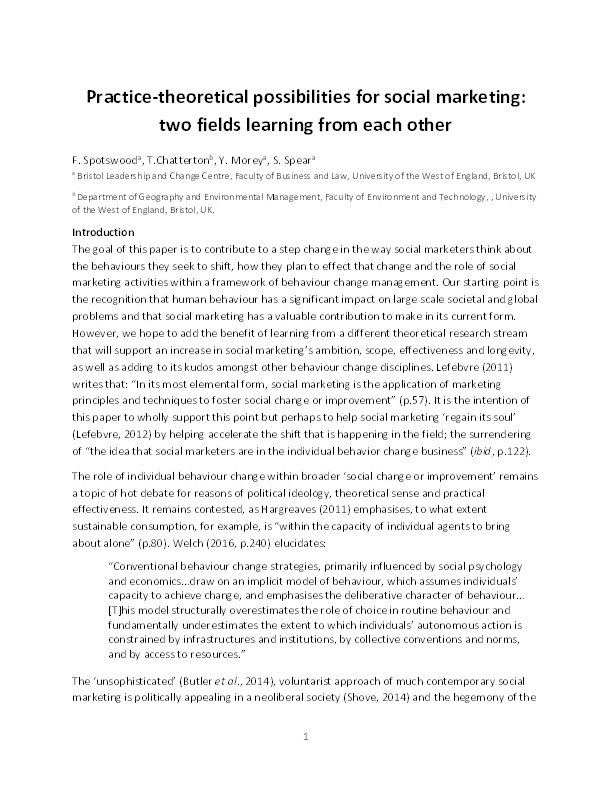 Practice-theoretical possibilities for social marketing: Two fields learning from each other Thumbnail