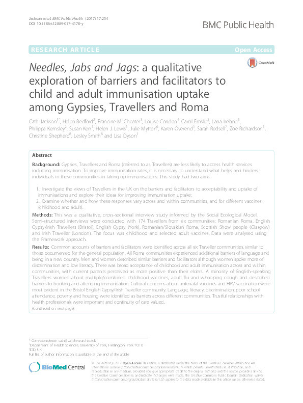 Needles, Jabs and Jags: A qualitative exploration of barriers and facilitators to child and adult immunisation uptake among Gypsies, Travellers and Roma Thumbnail