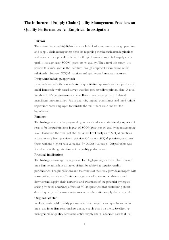 The influence of supply chain quality management practices on quality performance: an empirical investigation Thumbnail