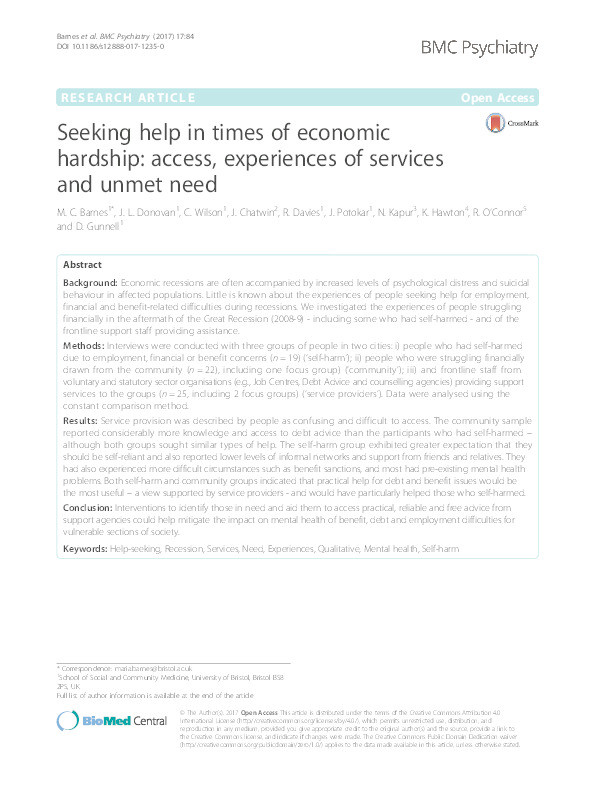 Seeking help in times of economic hardship: Access, experiences of services and unmet need Thumbnail