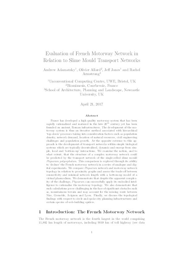 Evaluation of French motorway network in relation to slime mould transport networks Thumbnail