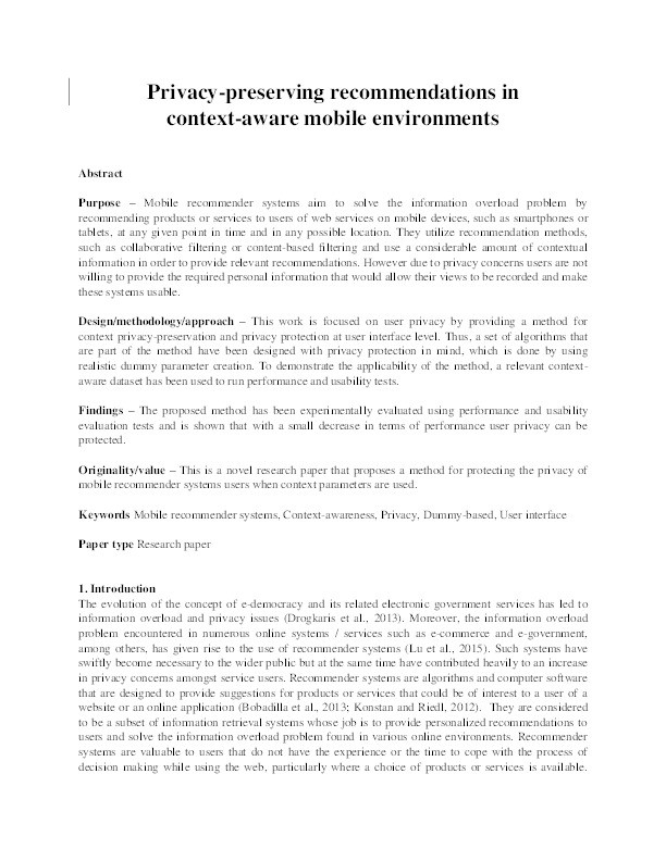 Privacy-preserving recommendations in context-aware mobile environments Thumbnail