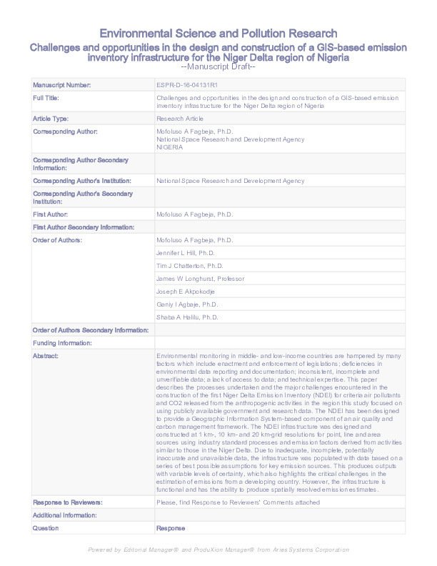 Challenges and opportunities in the design and construction of a GIS-based emission inventory infrastructure for the Niger Delta region of Nigeria Thumbnail