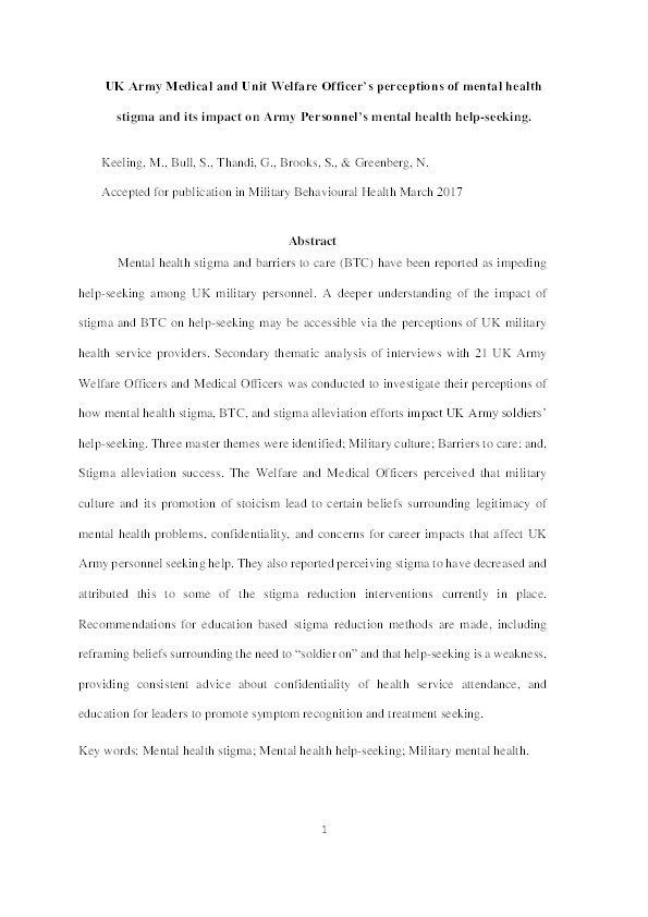 U.K. Army medical and unit welfare officers' perceptions of mental health stigma and its impact on army personnel's mental health help seeking Thumbnail