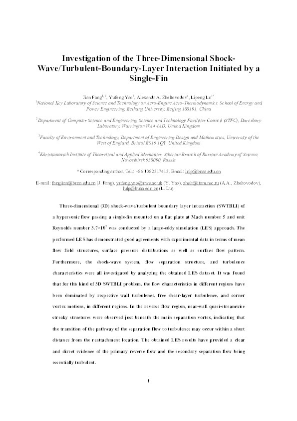 Investigation of three-dimensional shock wave/turbulent-boundary-layer interaction initiated by a single fin Thumbnail