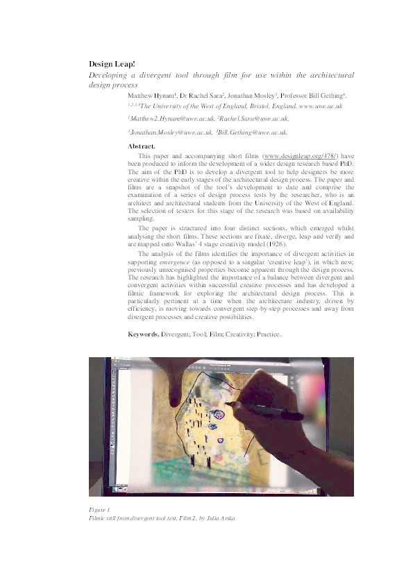 Design leap! Developing a divergent tool through film for use within the architectural design process Thumbnail