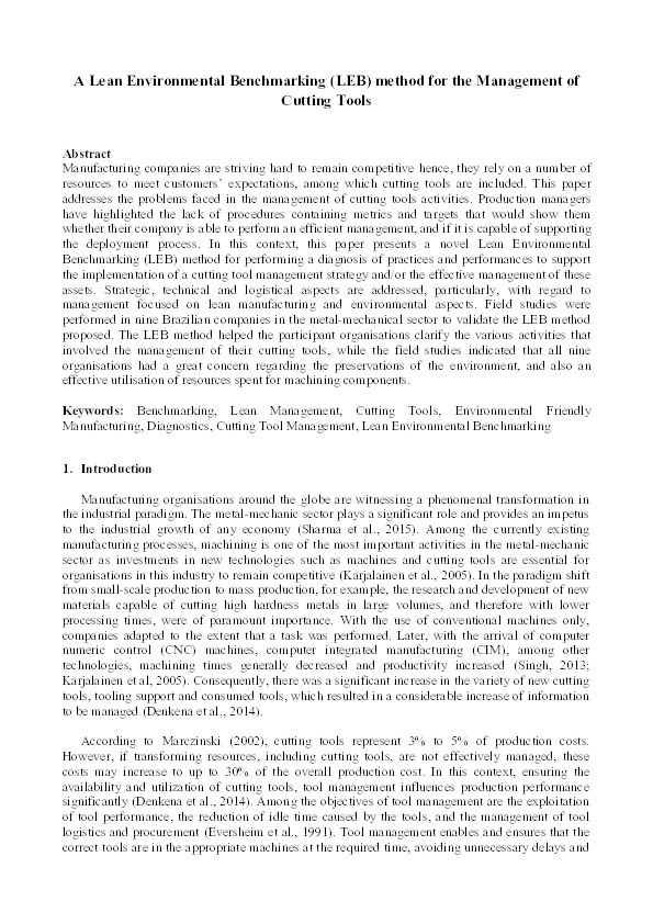 A lean environmental benchmarking (LEB) method for the management of cutting tools Thumbnail