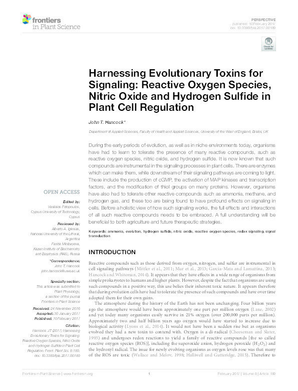 Harnessing evolutionary toxins for signaling: Reactive oxygen species, nitric oxide and hydrogen sulfide in plant cell regulation Thumbnail