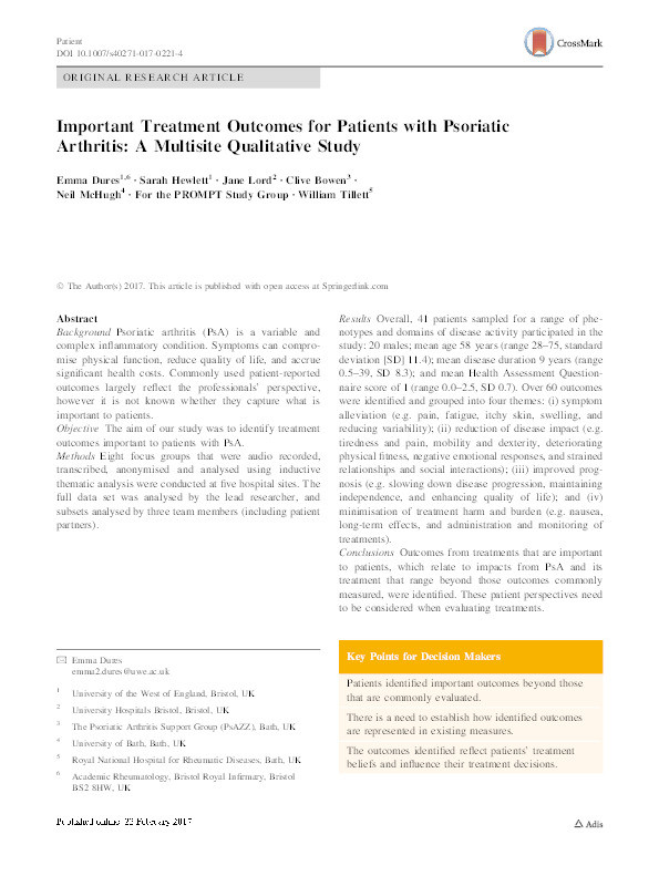 Important Treatment Outcomes for Patients with Psoriatic Arthritis: A Multisite Qualitative Study Thumbnail