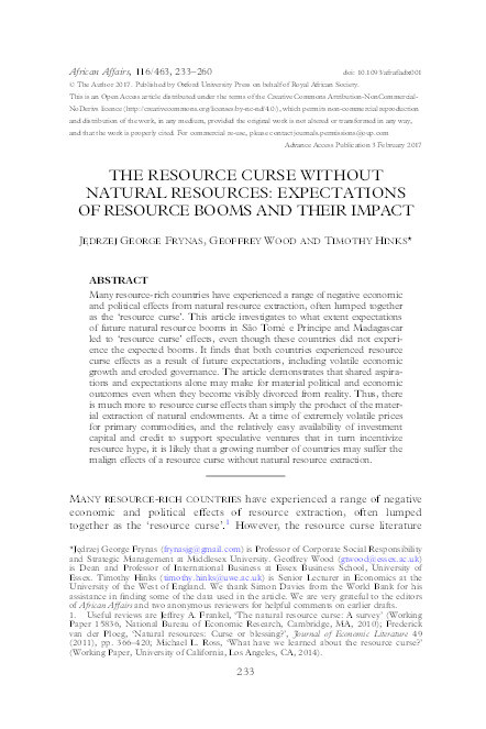 The resource curse without natural resources: Expectations of resource booms and their impact Thumbnail