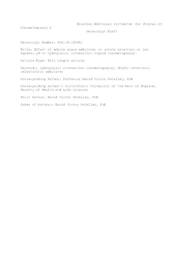 Effect of mobile phase additives on solute retention at low aqueous pH in hydrophilic interaction liquid chromatography Thumbnail
