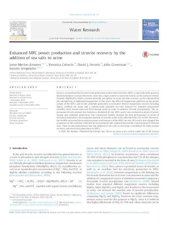 Enhanced MFC power production and struvite recovery by the addition of sea salts to urine Thumbnail