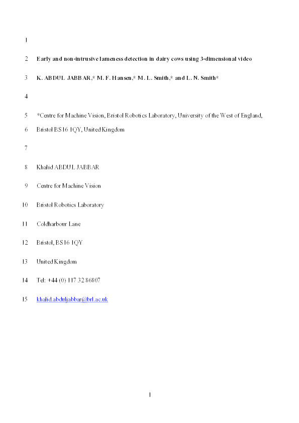 Early and non-intrusive lameness detection in dairy cows using 3-dimensional video Thumbnail