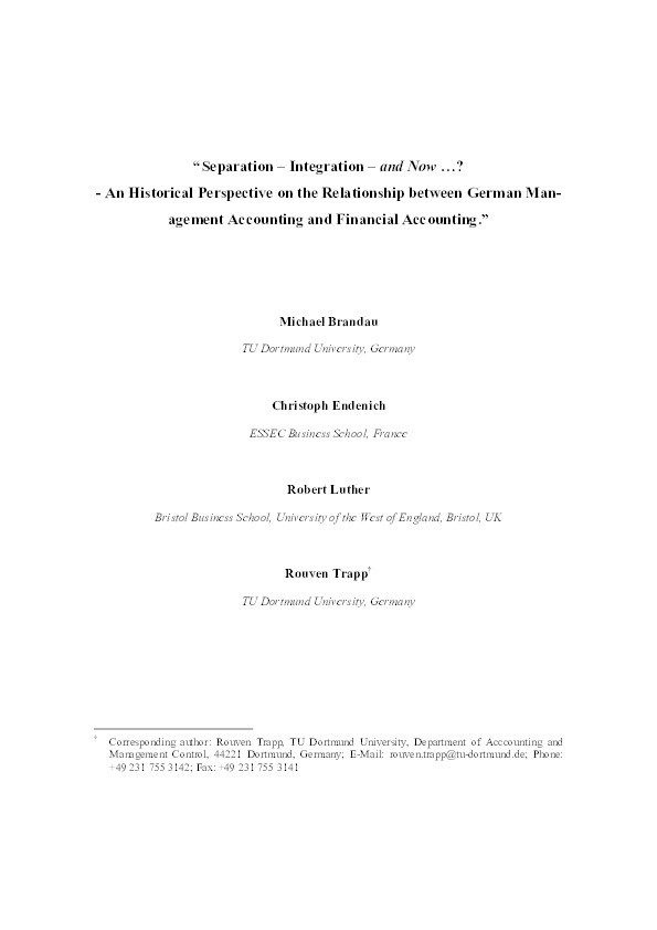 Separation – integration – and now …? A historical perspective on the relationship between German management accounting and financial accounting Thumbnail