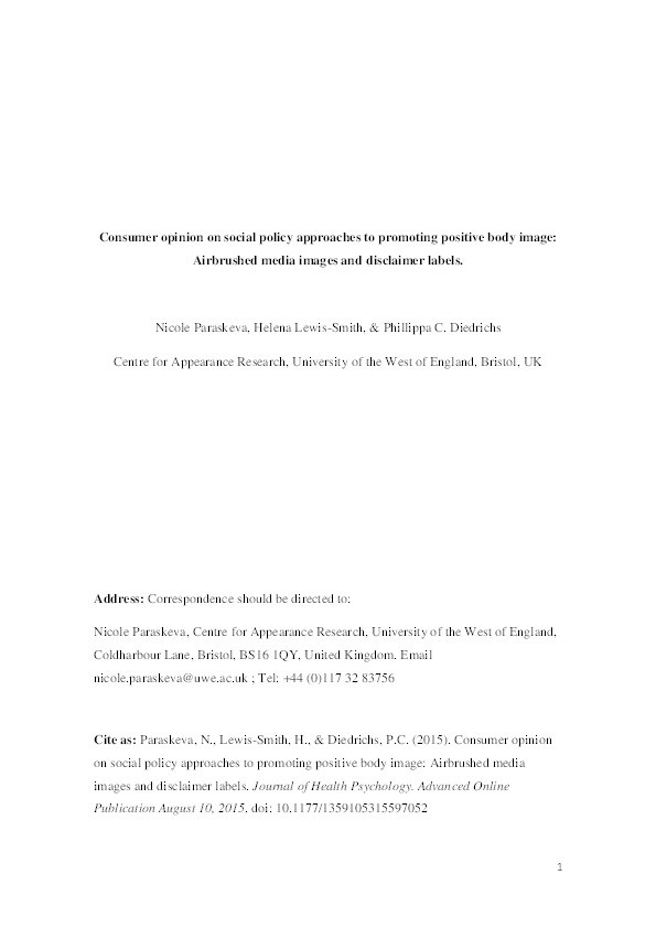 Consumer opinion on social policy approaches to promoting positive body image: Airbrushed media images and disclaimer labels Thumbnail
