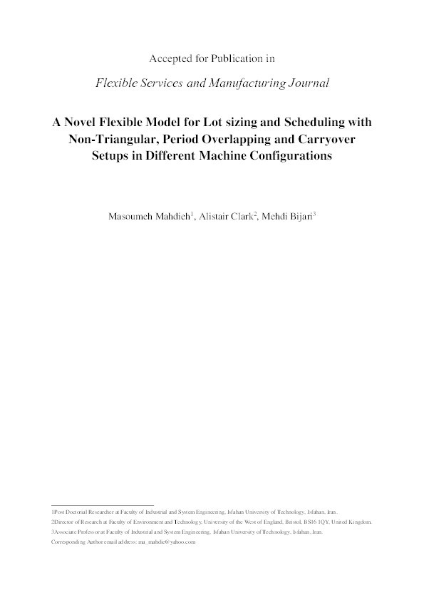 A novel flexible model for lot sizing and scheduling with non-triangular, period overlapping and carryover setups in different machine configurations Thumbnail