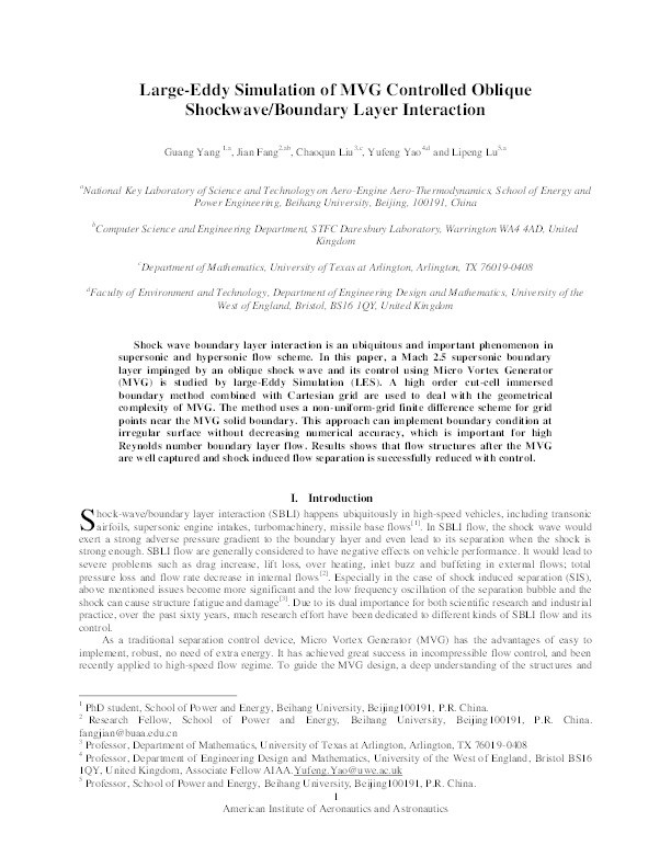 Large-eddy simulation of MVG controlled oblique Shockwave/Boundary layer interaction Thumbnail