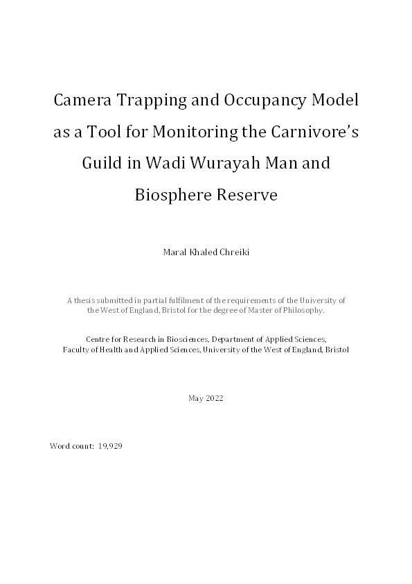 Camera trapping and occupancy model as a tool for monitoring the carnivore’s guild in Wadi Wurayah Man and Biosphere Reserve Thumbnail