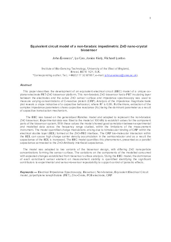 Equivalent circuit model of a non-faradaic impedimetric ZnO nano-crystal biosensor Thumbnail