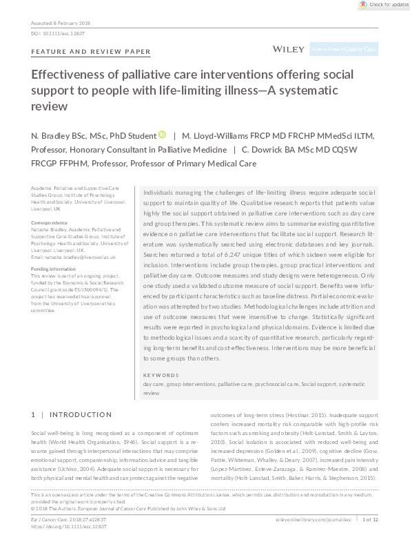 Effectiveness of palliative care interventions offering social support to people with life-limiting illness—A systematic review Thumbnail