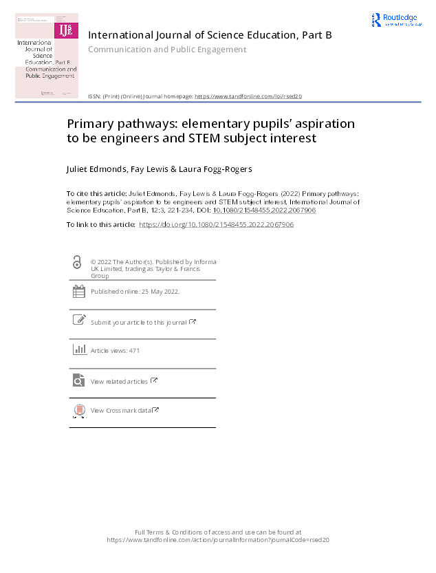 Primary pathways: elementary pupils’ aspiration to be engineers and STEM subject interest Thumbnail
